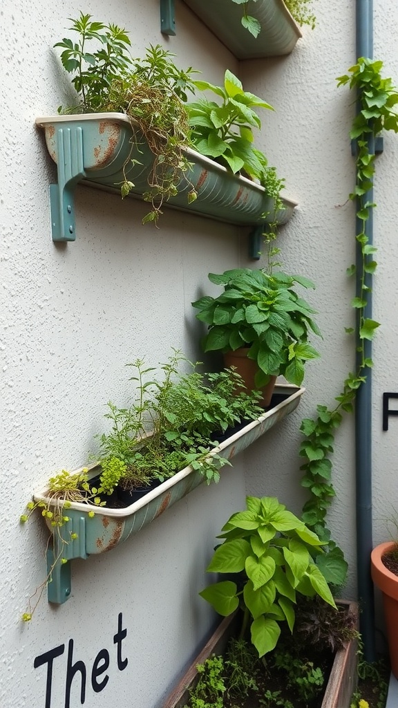 Image of wall-mounted rain gutter planters filled with various herbs and plants.