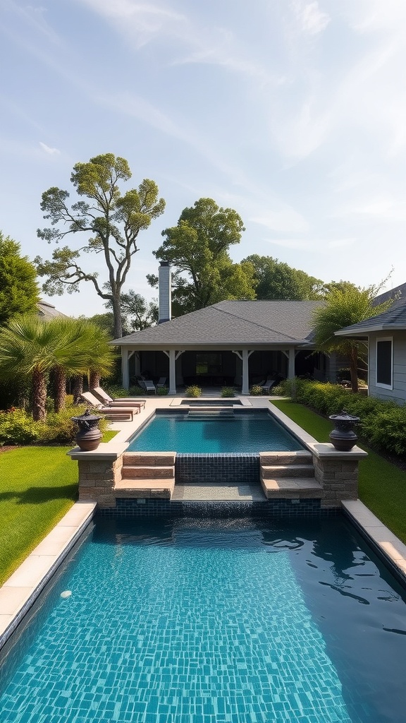 A raised pool surrounded by greenery and a stylish patio area.