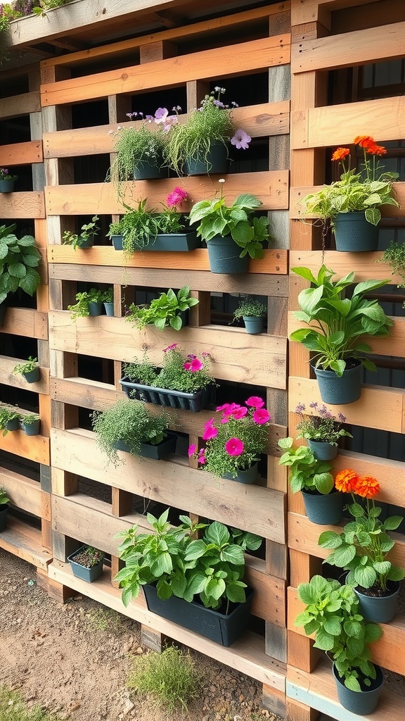 A vertical garden made from a wooden pallet with various plants in pots attached to it.