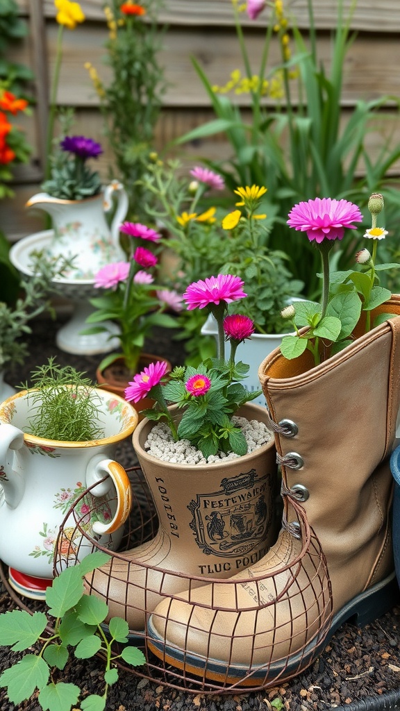 A collection of repurposed vintage containers, including boots and a teapot, filled with colorful flowers.