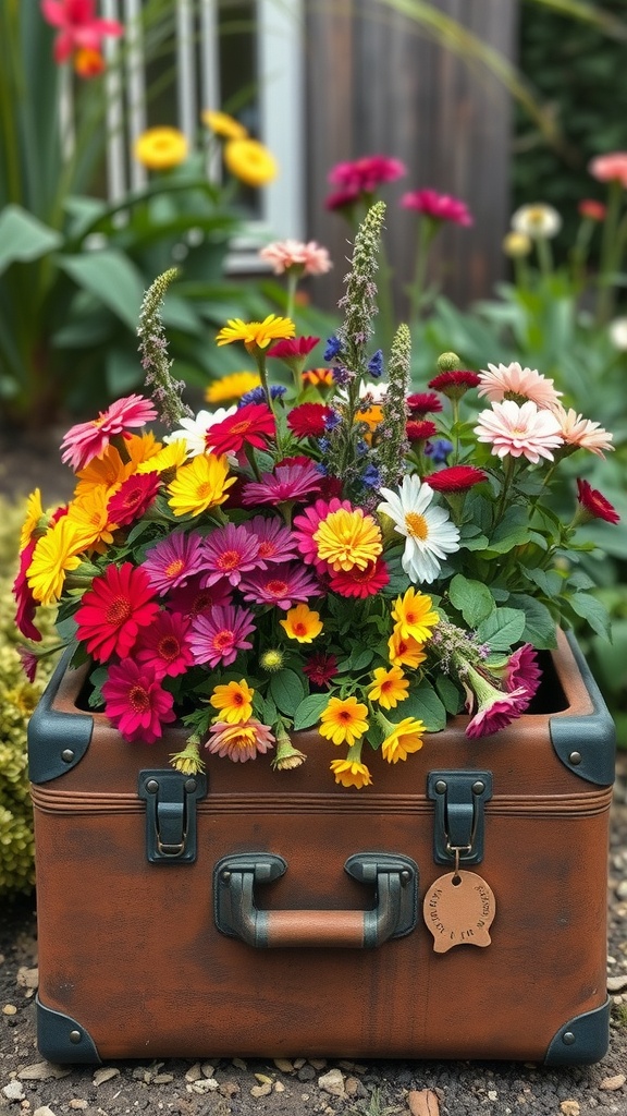 A vintage suitcase filled with colorful flowers, showcasing a creative gardening idea.