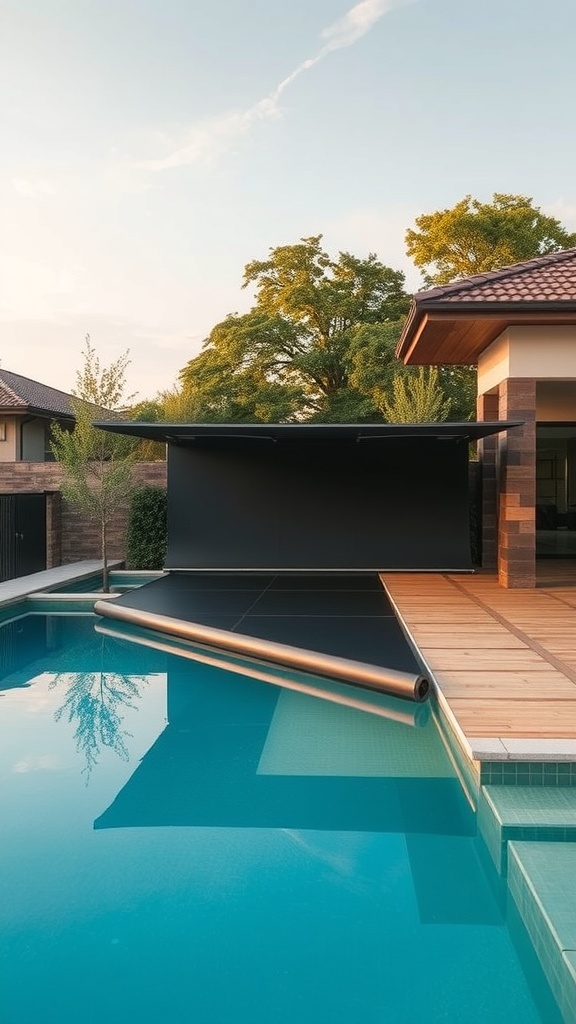 A luxury pool with a retractable cover partially closed, showcasing a modern design.