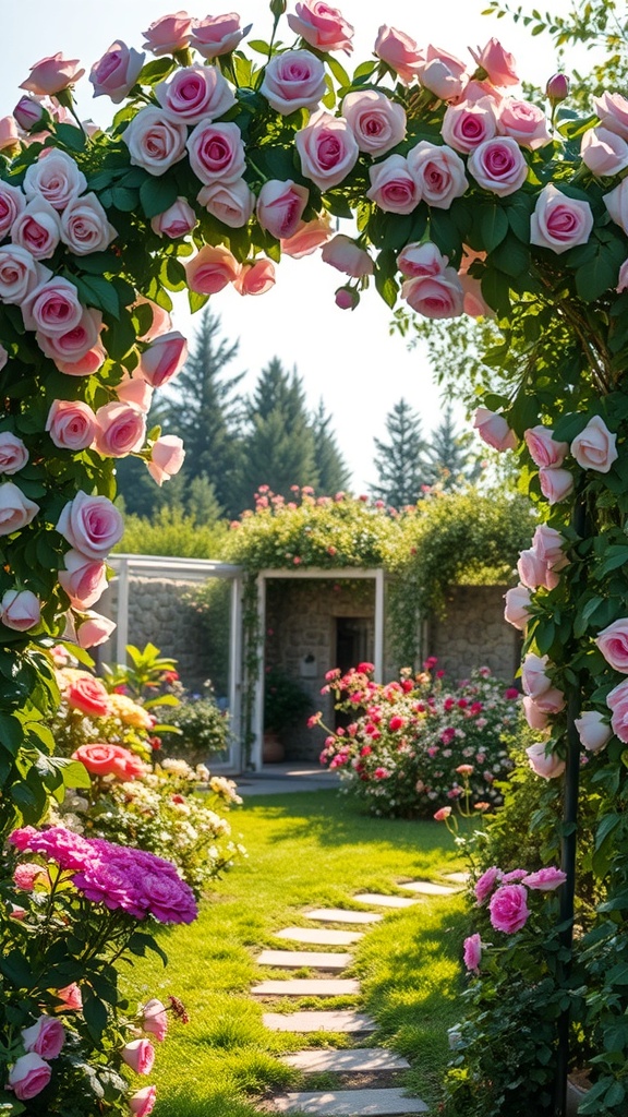 A garden arch covered in pink roses, leading to a pathway with more flowers.