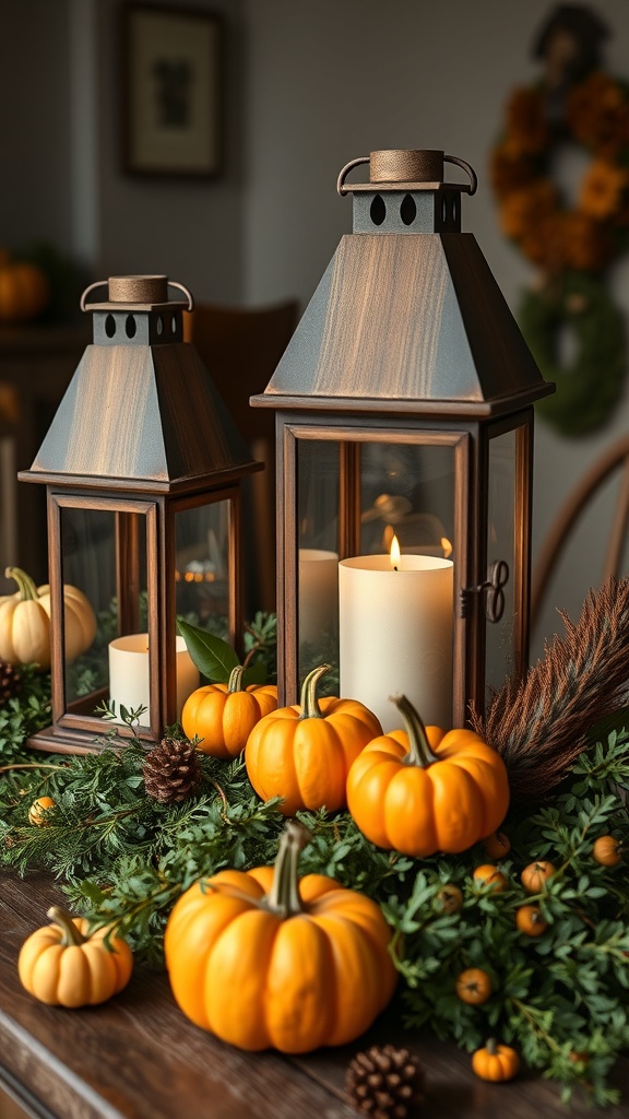 A rustic dining table centerpiece featuring lanterns, pumpkins, and seasonal greens.