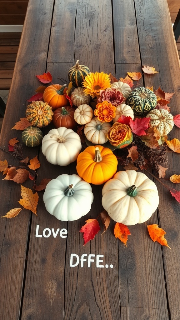 A rustic wood dining table decorated with a colorful pumpkin arrangement and autumn leaves.