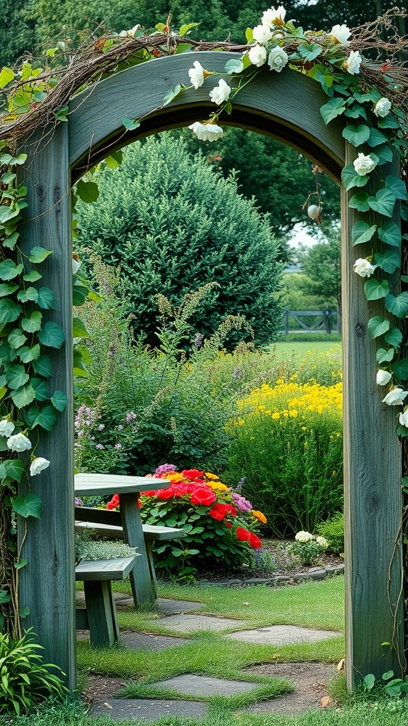 A rustic wooden arch covered with vines and flowers, leading to a colorful garden with a bench.