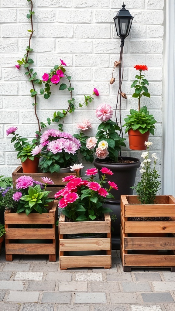 Colorful flowers in rustic wooden crates arranged in a garden setting