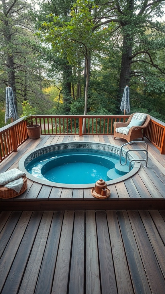 A rustic wooden deck surrounding a round plunge pool, with trees in the background and comfortable seating.