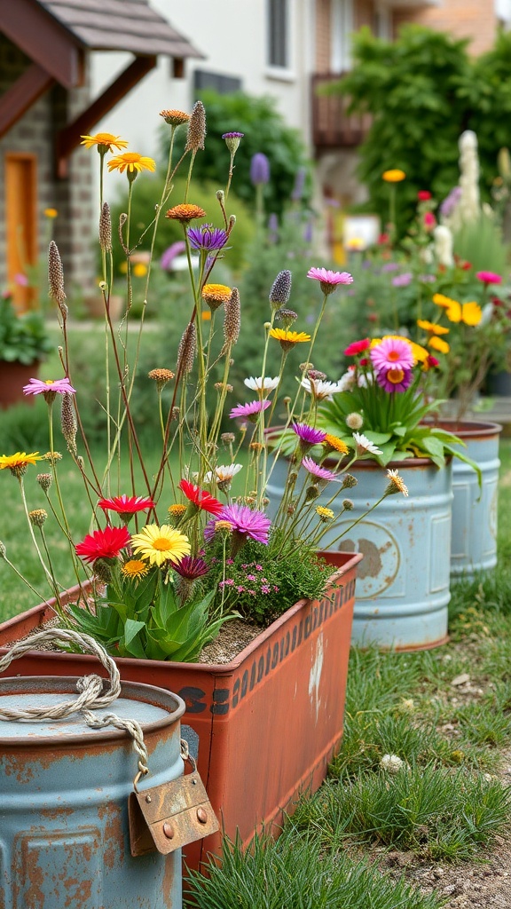 Colorful flowers planted in rusty metal containers in a garden setting.