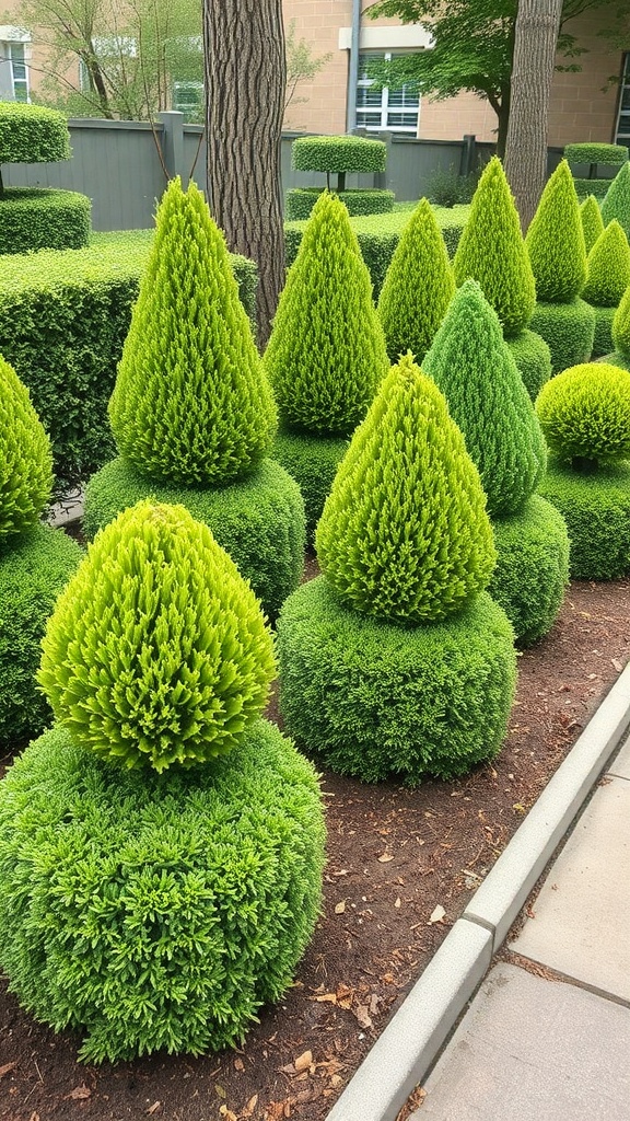A collection of sculpted shrubs and topiaries in a Japanese garden, showcasing vibrant green colors and distinct shapes.
