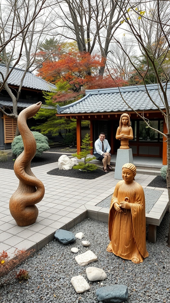 A small Japanese garden featuring sculptural elements, including a twisting figure and a serene woman statue, surrounded by natural beauty.