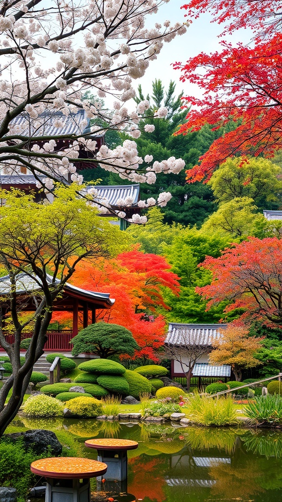 A vibrant Japanese garden showcasing seasonal changes with cherry blossoms, autumn leaves, and a serene pond.