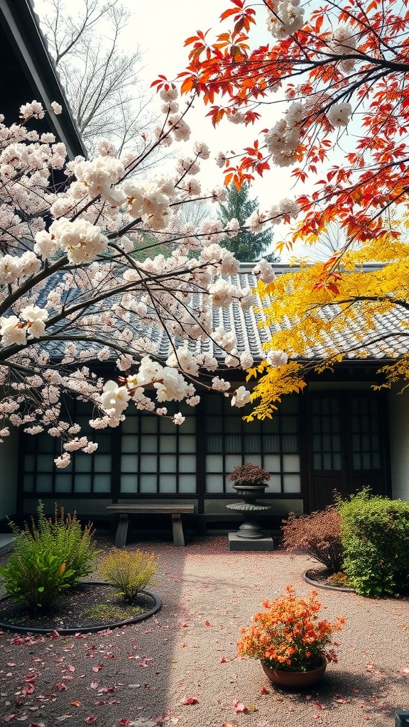 A Japanese courtyard garden showcasing cherry blossoms and autumn leaves.