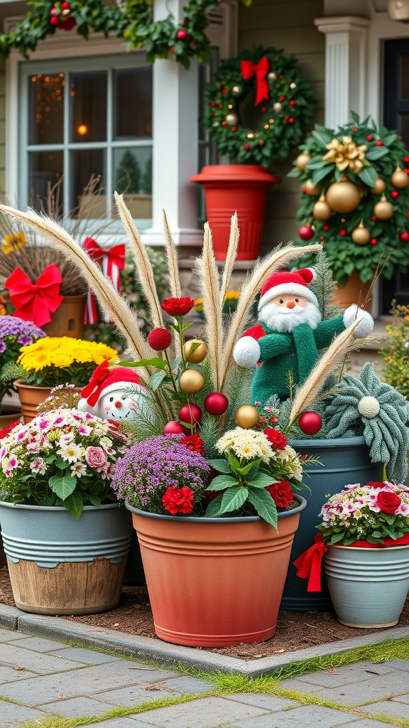 Colorful garden containers with festive decorations, including flowers, snowmen, and Santa figures.