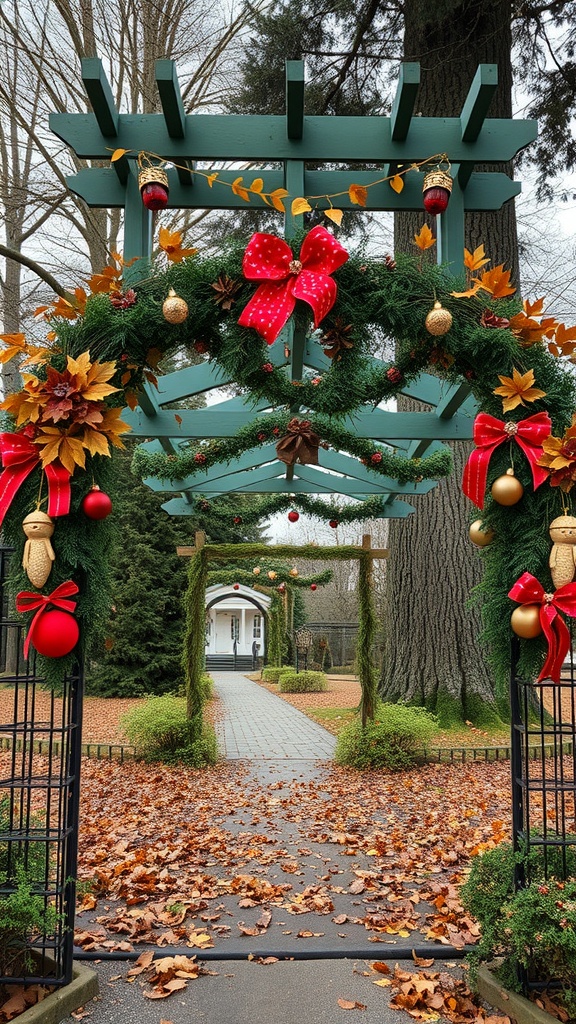 A decorated garden arch with greenery, red ornaments, and autumn leaves.