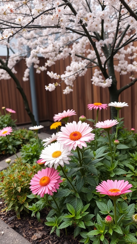 A small Japanese garden featuring pink and white daisies in the foreground with cherry blossoms in the background.