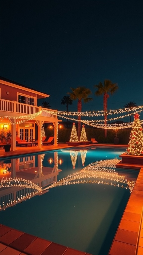 A beautifully decorated pool area at night with Christmas lights and trees.