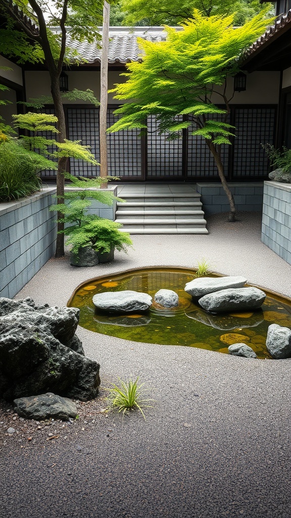 A serene Japanese courtyard garden featuring a pond, smooth stones, and lush greenery.