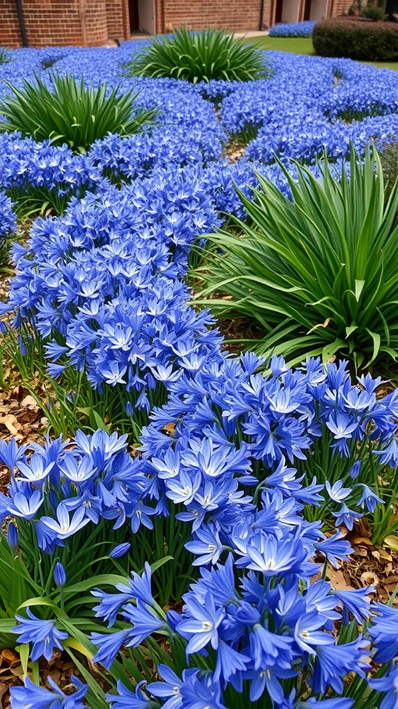 A vibrant display of Siberian squill flowers in blue, surrounded by green foliage.
