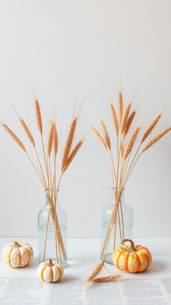 Two glass vases filled with wheat, surrounded by small pumpkins on a table.