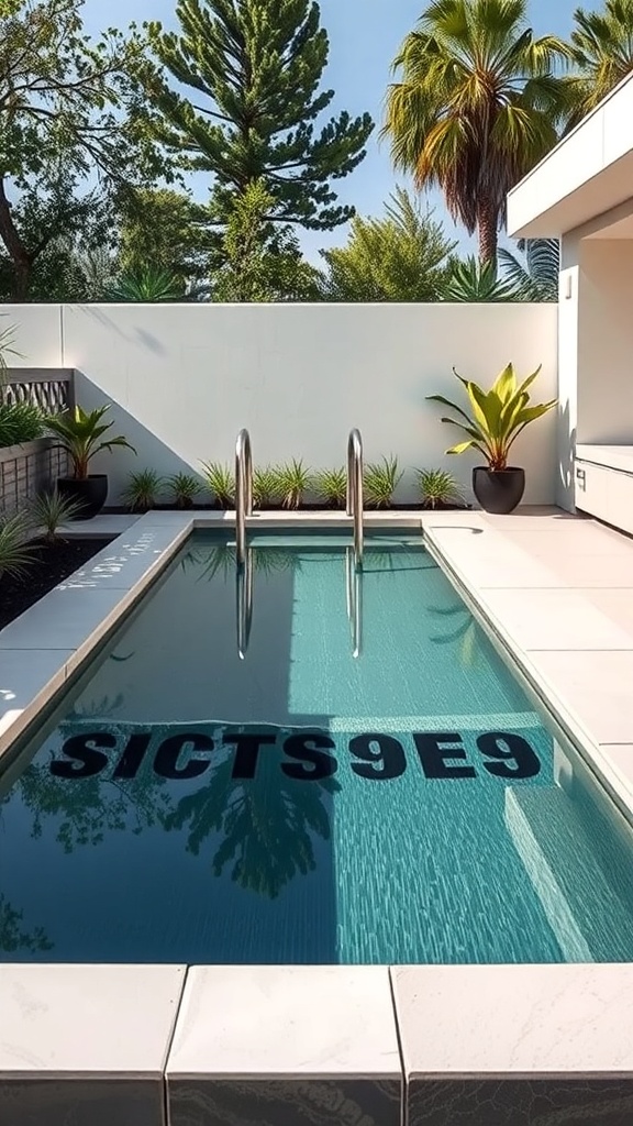 A sleek modern plunge pool surrounded by greenery and palm trees.