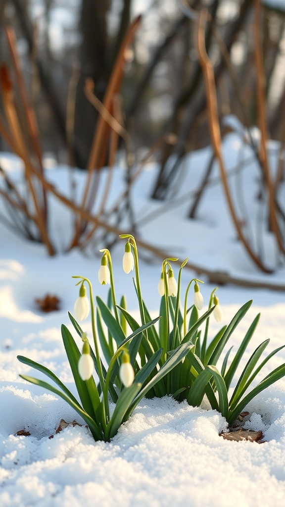 A cluster of snowdrops blooming in the snow, showcasing their delicate white flowers and green leaves.