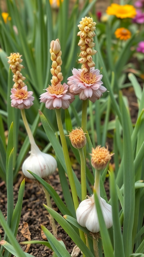A close-up of Society Garlic flowers with pink blooms and green leaves in a garden setting.