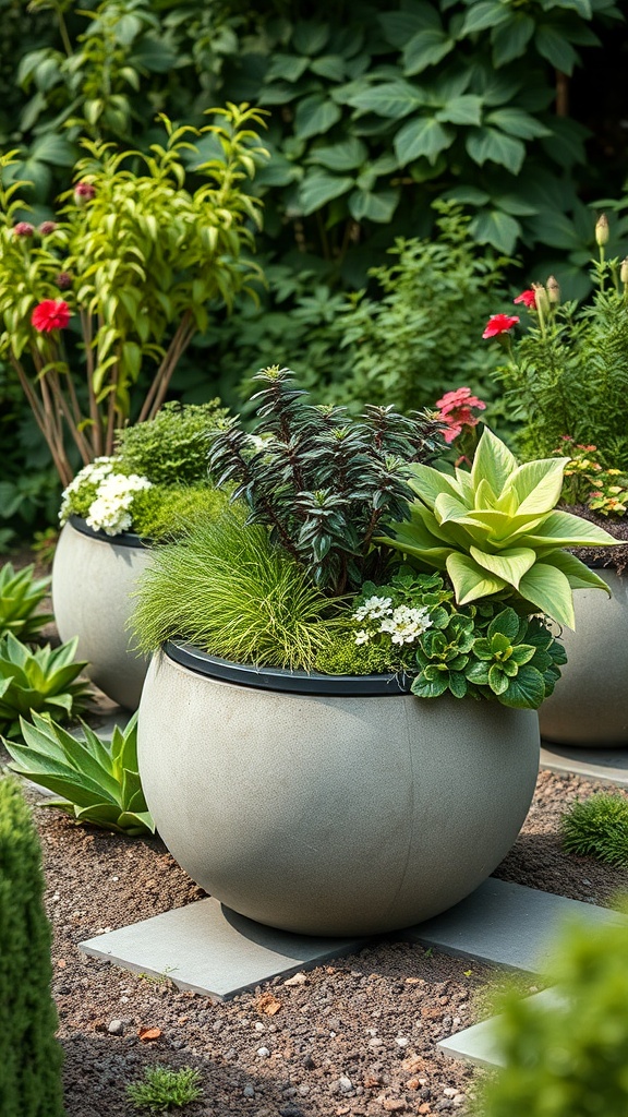 Spherical planters filled with various plants in a garden setting