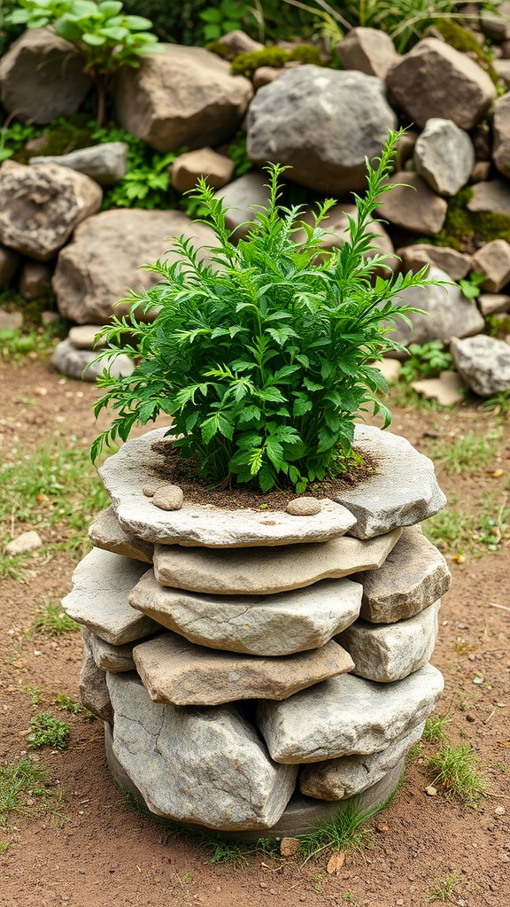 A stacked stone planter with a green plant on top, surrounded by natural stones.