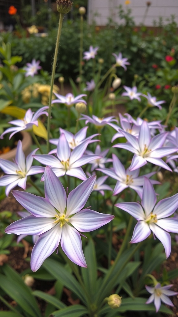 A cluster of starflowers with white and lavender petals blooming in a garden.