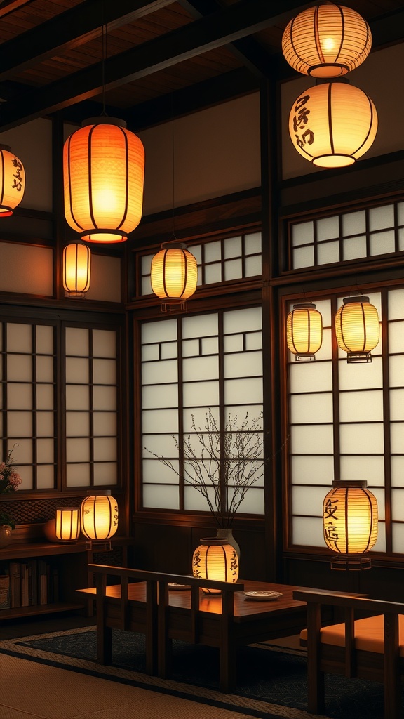 A Japanese living room featuring various hanging lanterns and paper lamps, creating a warm and inviting atmosphere.