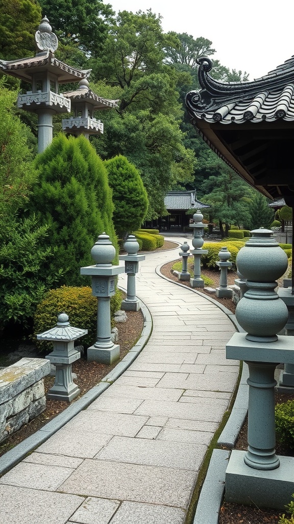 A serene pathway in a Japanese garden lined with stone lanterns and lush greenery.