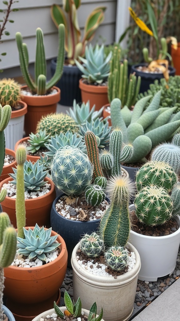 A collection of various succulents and cacti in different pots, showcasing a vibrant and diverse display.