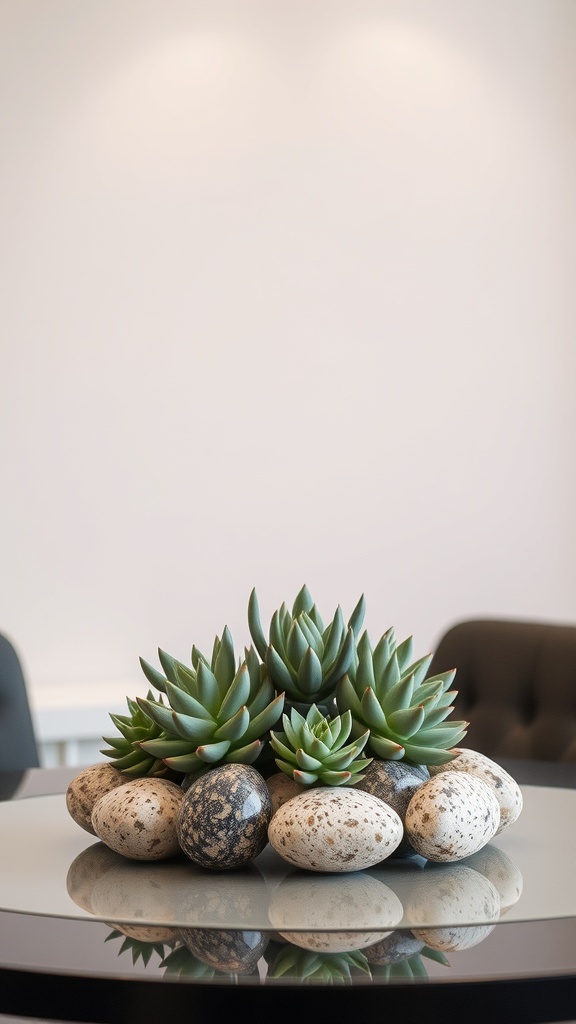A succulent and stone arrangement on a dining table, featuring green succulents surrounded by decorative stones.