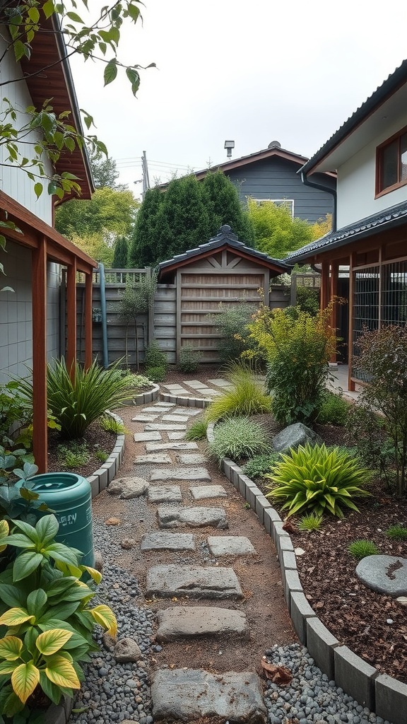 A modern Japanese garden featuring a stone pathway, lush greenery, and wooden structures.