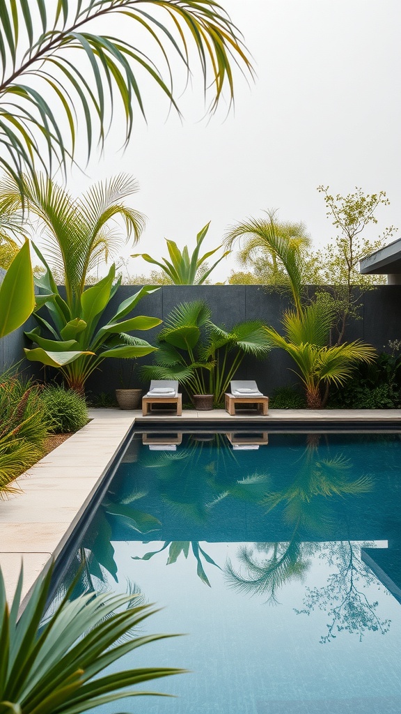 A luxurious pool surrounded by tropical plants and greenery, reflecting the serene environment.