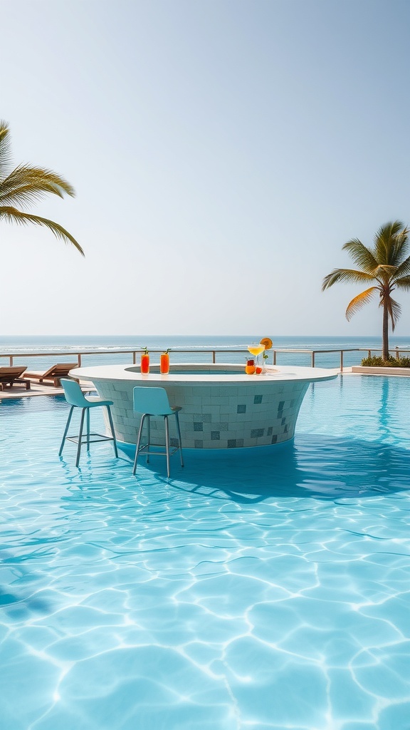 A luxurious swim-up bar in a pool with colorful drinks and palm trees in the background.