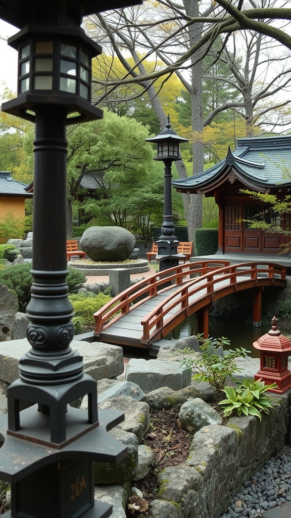 A view of a modern Japanese garden featuring a wooden bridge, lanterns, and lush greenery.