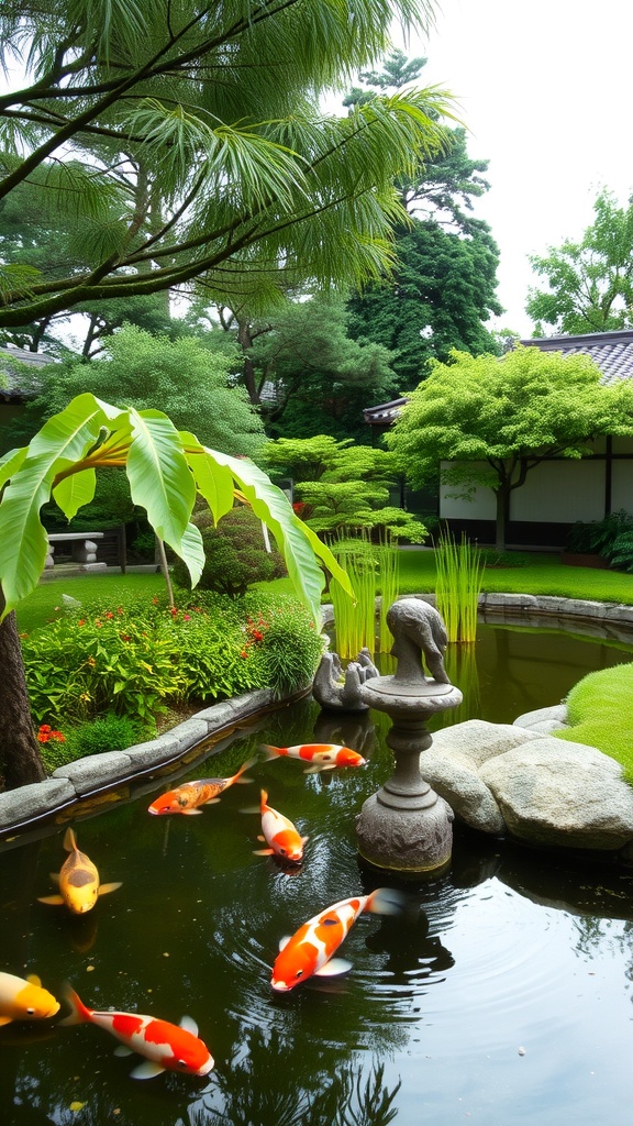 A serene Japanese courtyard garden with koi fish swimming in a pond, surrounded by lush greenery.