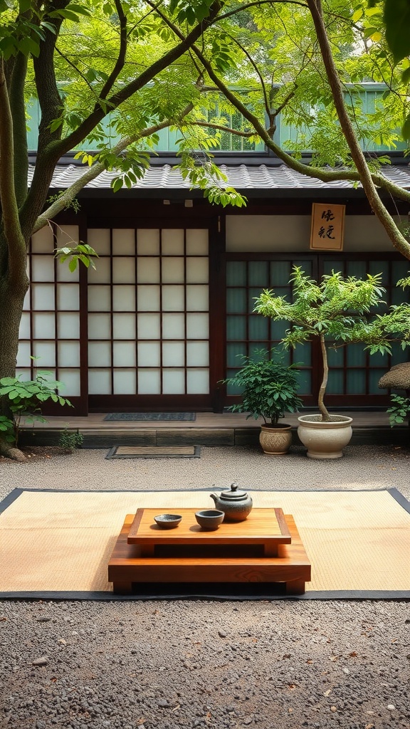 A serene tea ceremony area in a Japanese garden with a wooden table, tea set, and lush greenery.