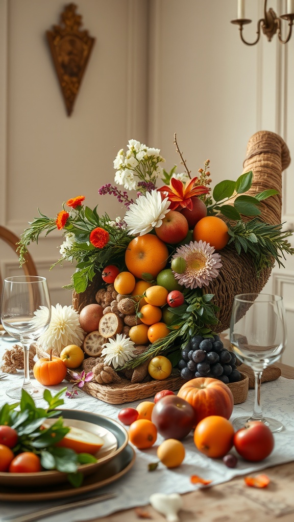 A beautifully arranged cornucopia filled with fruits, flowers, and nuts, serving as a Thanksgiving centerpiece.