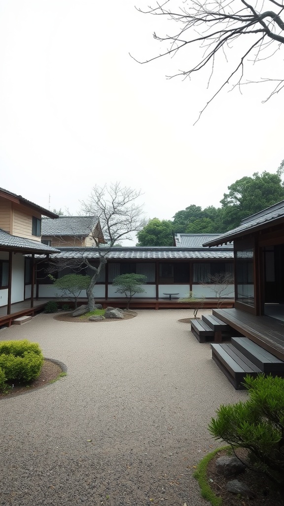 A serene Japanese courtyard garden with simple landscaping and traditional architecture.