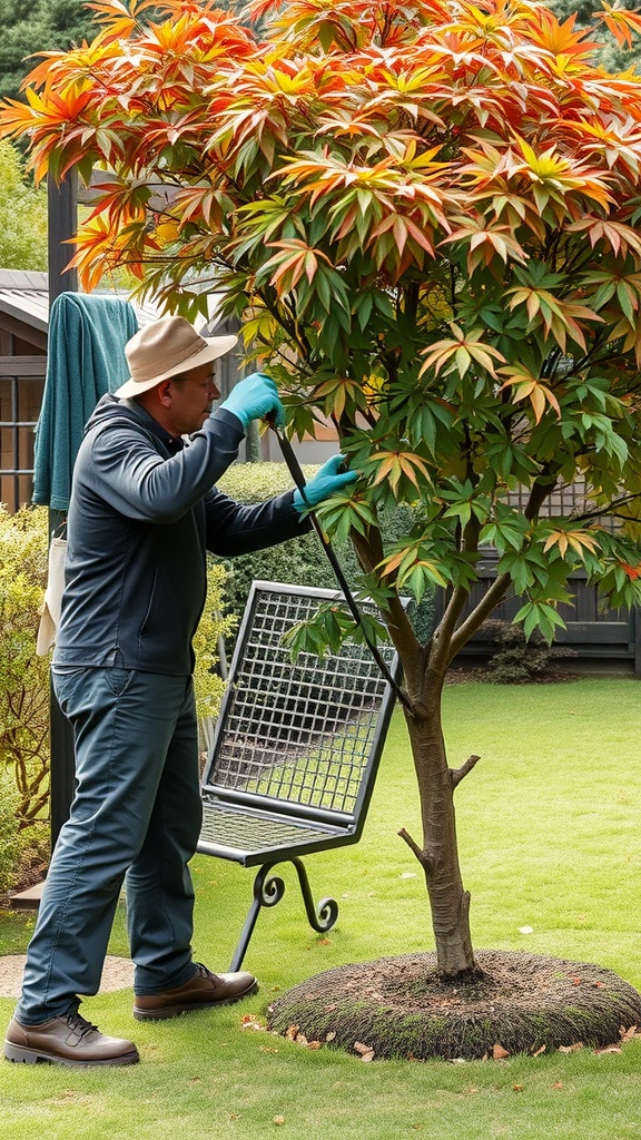 A person pruning a colorful tree in a Japanese garden, showcasing the art of pruning.