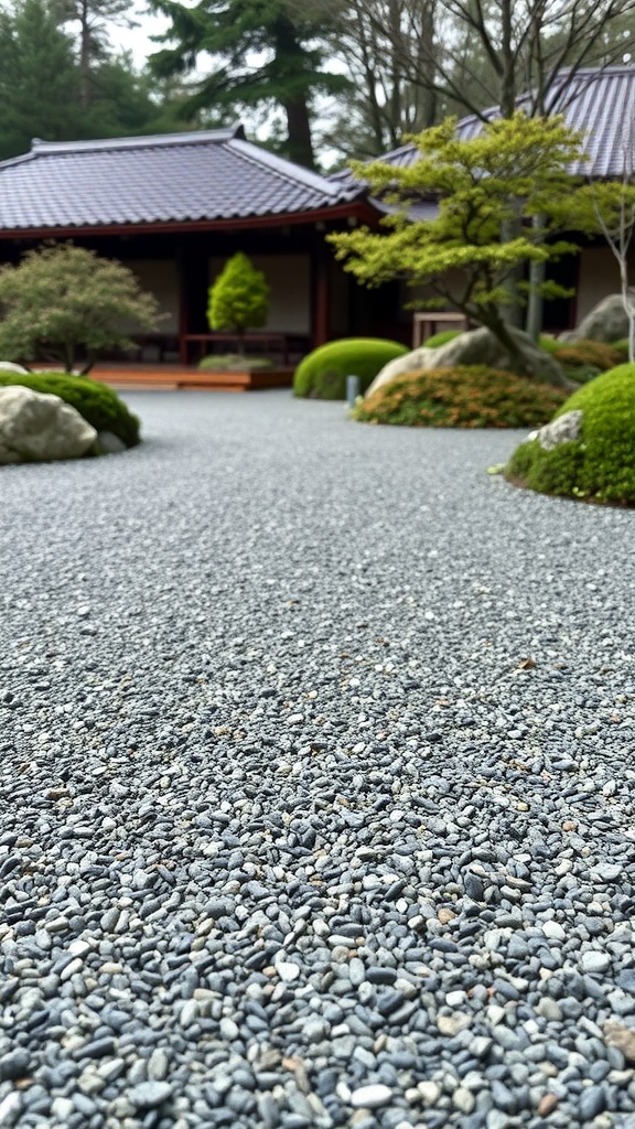 A serene Japanese courtyard garden with raked gravel and lush greenery.