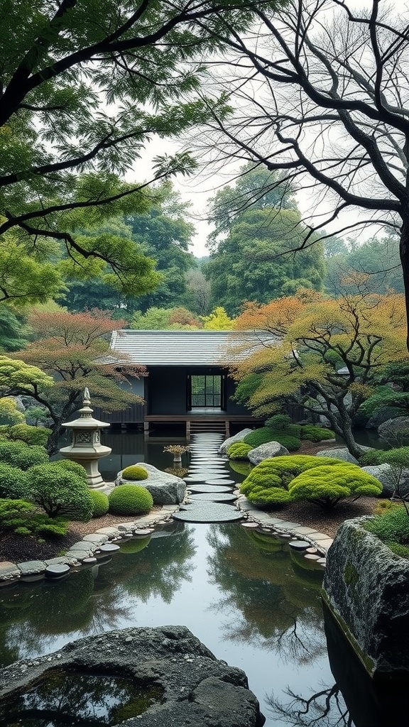 A serene Japanese courtyard garden featuring a pond, stepping stones, and lush greenery.