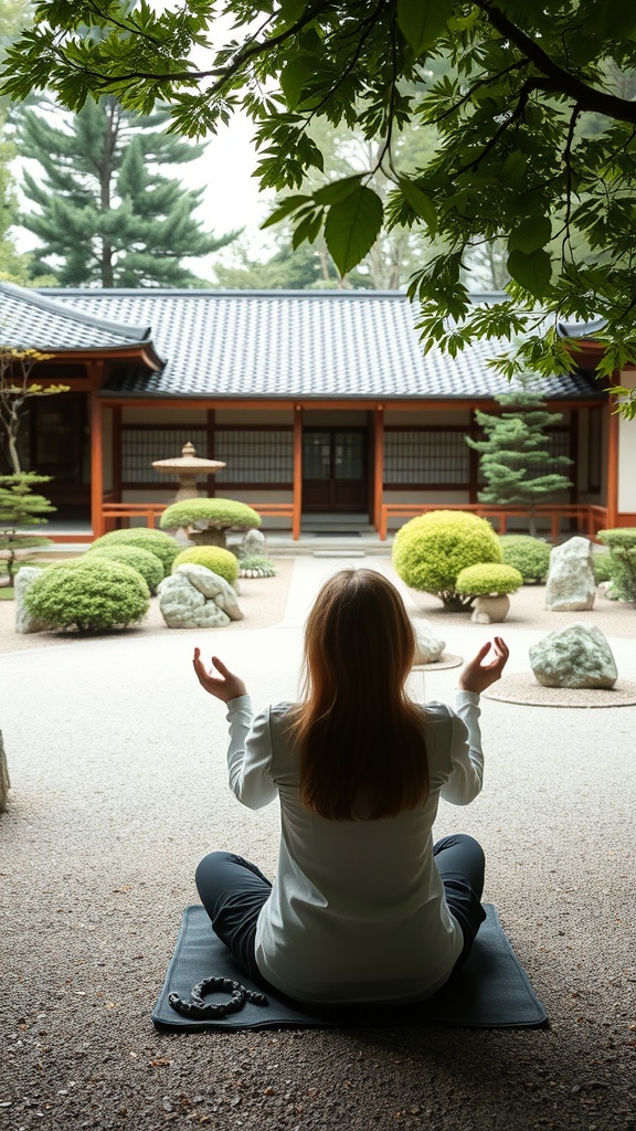 A person meditating in a Japanese courtyard garden, surrounded by greenery and stones.