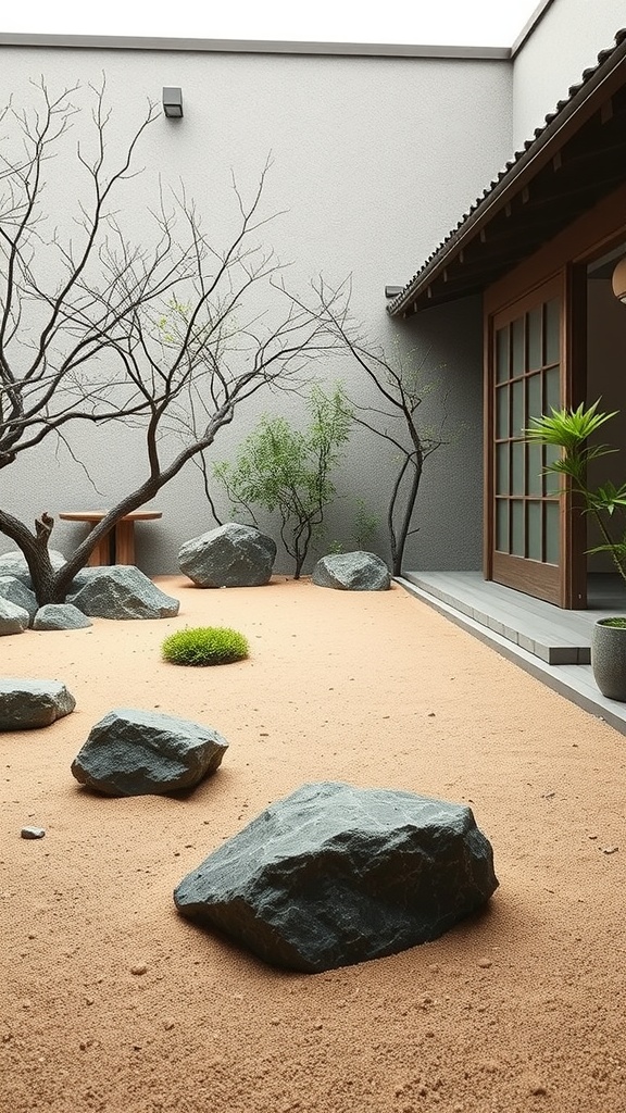 A serene Japanese courtyard garden featuring rocks, sand, and minimal vegetation.