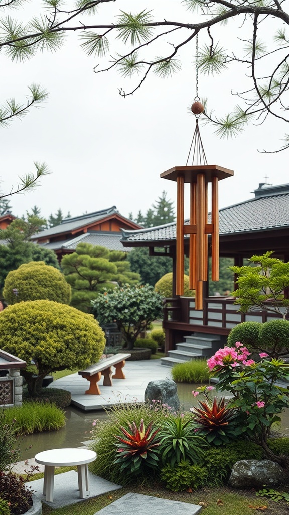 A serene Japanese courtyard garden featuring lush greenery, a pond, and decorative elements.