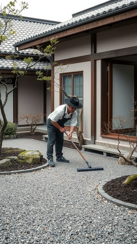 A person raking gravel in a Japanese courtyard garden.