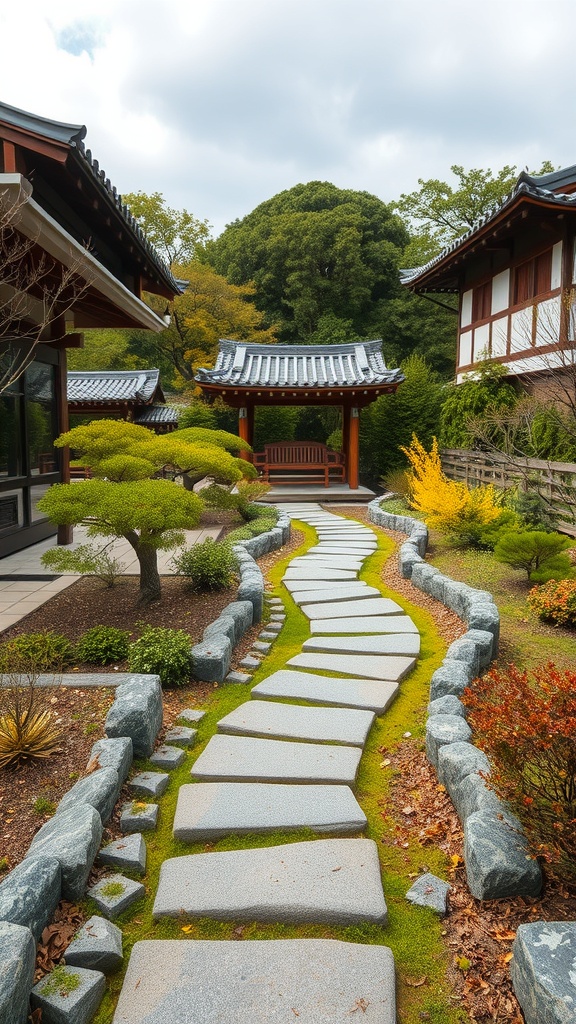 A winding stone pathway through a Japanese courtyard garden, surrounded by greenery and traditional architecture.